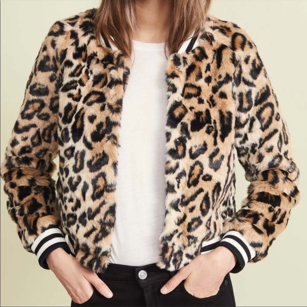 Faux Fur Leopard Print Bomber Jacket with Black and White band Detail Size S